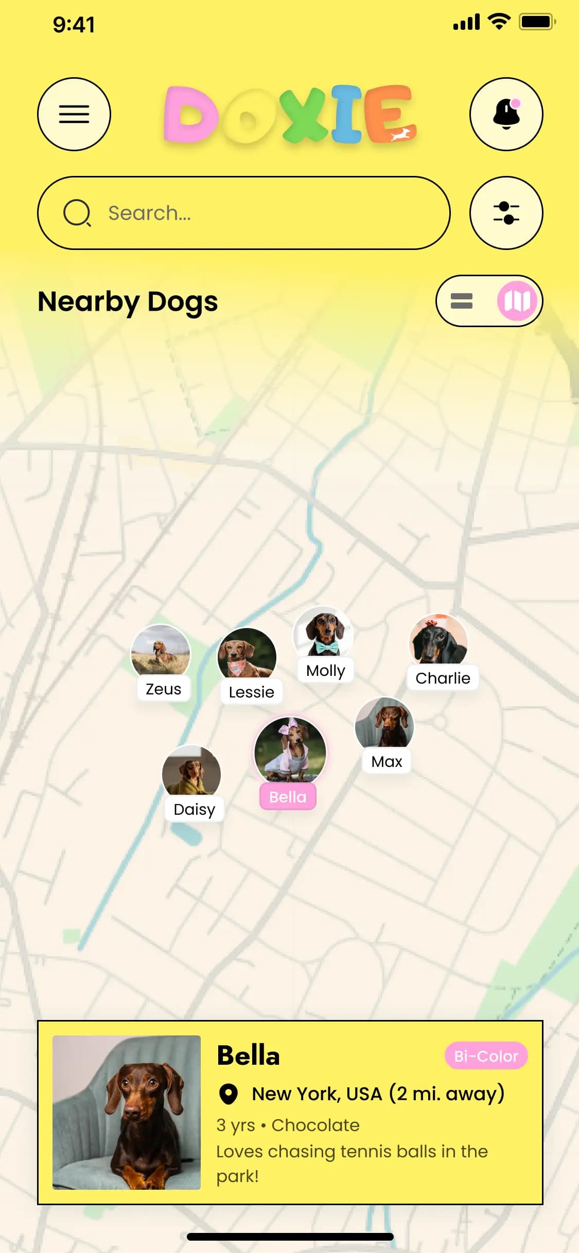 Doxie app nearby dogs screen